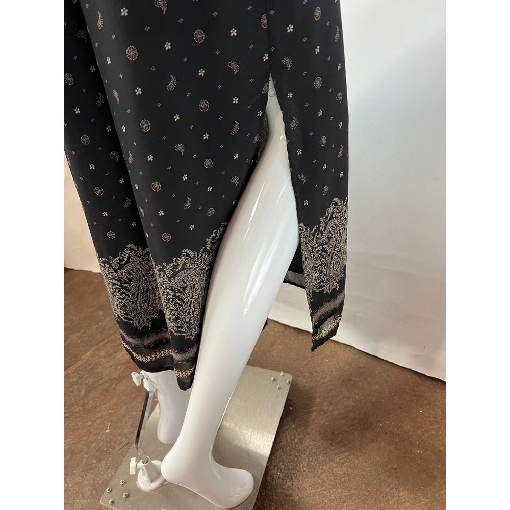 Vintage Black Midi Skirt sz 10  With Paisley & Floral Print Side Slit Button Clo - Picture 5 of 15